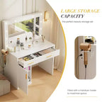 Coiffeuse minimaliste blanche Okak avec grand miroir et lumières LED, bureau de maquillage avec tiroirs et armoires, table de maquillage pour chambres à coucher