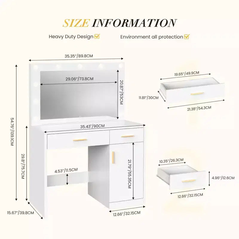 Coiffeuse minimaliste blanche Okak avec grand miroir et lumières LED, bureau de maquillage avec tiroirs et armoires, table de maquillage pour chambres à coucher