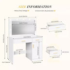 Coiffeuse minimaliste blanche Okak avec grand miroir et lumières LED, bureau de maquillage avec tiroirs et armoires, table de maquillage pour chambres à coucher