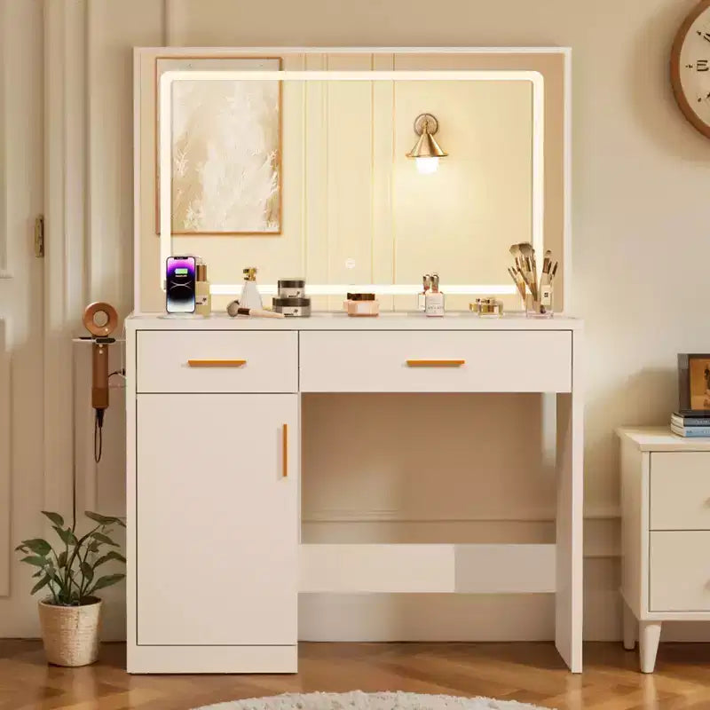 Coiffeuse minimaliste blanche Okak avec grand miroir et lumières LED, bureau de maquillage avec tiroirs et armoires, table de maquillage pour chambres à coucher