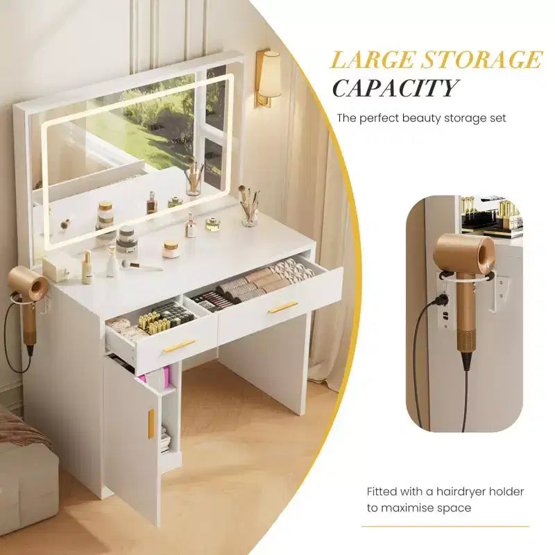 Coiffeuse minimaliste blanche Okak avec grand miroir et lumières LED, bureau de maquillage avec tiroirs et armoires, table de maquillage pour chambres à coucher