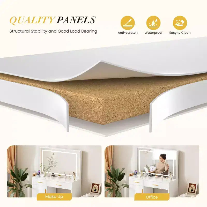 Coiffeuse minimaliste blanche Okak avec grand miroir et lumières LED, bureau de maquillage avec tiroirs et armoires, table de maquillage pour chambres à coucher