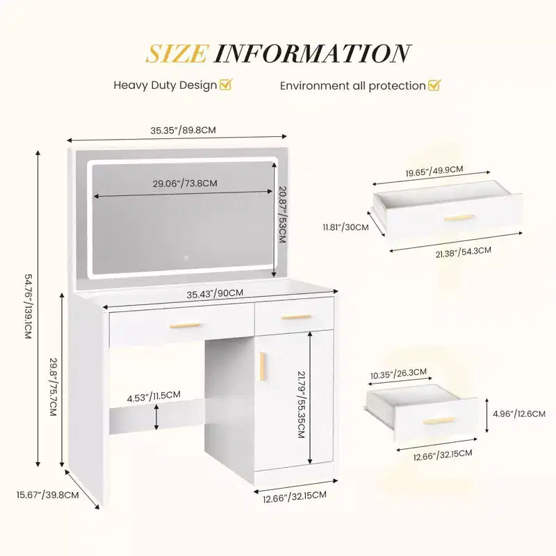 Coiffeuse minimaliste blanche Okak avec grand miroir et lumières LED, bureau de maquillage avec tiroirs et armoires, table de maquillage pour chambres à coucher