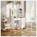 Okak Minimalist White Vanity Table with Big Mirror & LED Lights,Storage Dressing Desk with Drawers & Cabinets,Makeup Table for Bedrooms