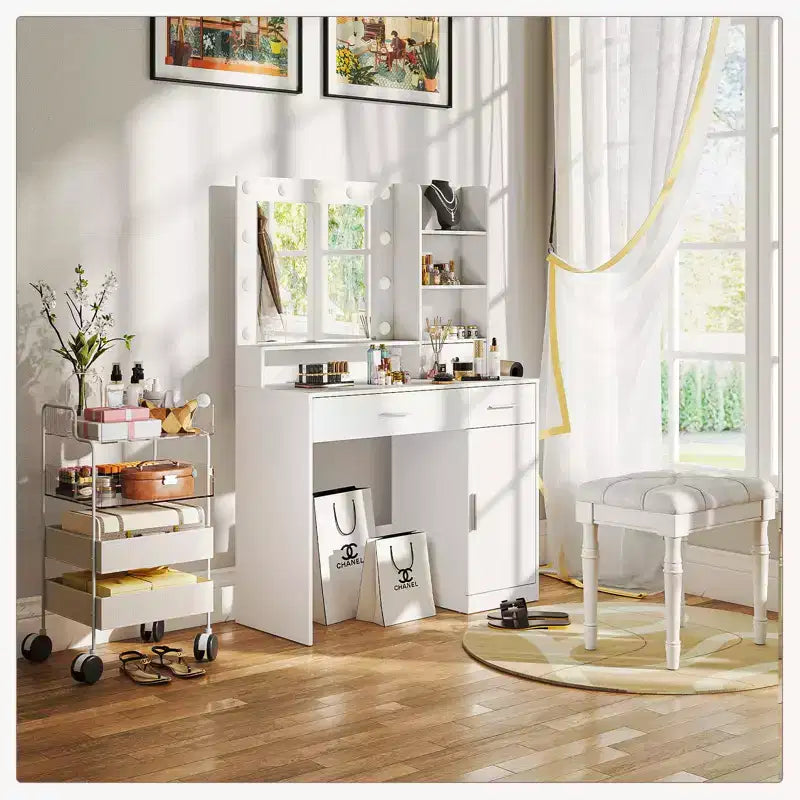 Okak Minimalist White Vanity Table with Big Mirror & LED Lights,Storage Dressing Desk with Drawers & Cabinets,Makeup Table for Bedrooms