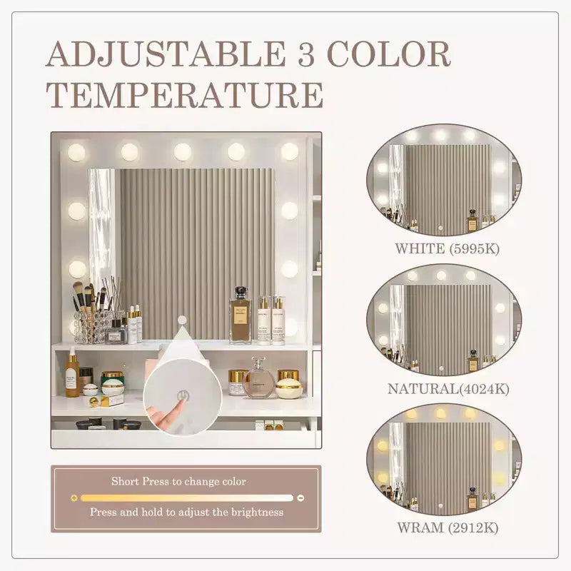 Coiffeuse minimaliste blanche Okak avec grand miroir et lumières LED, bureau de maquillage avec tiroirs et armoires, table de maquillage pour chambres à coucher