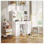 Coiffeuse minimaliste blanche Okak avec grand miroir et lumières LED, bureau de maquillage avec tiroirs et armoires, table de maquillage pour chambres à coucher