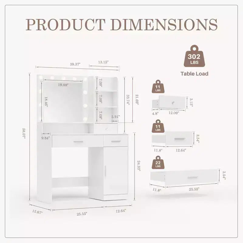 Coiffeuse minimaliste blanche Okak avec grand miroir et lumières LED, bureau de maquillage avec tiroirs et armoires, table de maquillage pour chambres à coucher