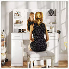 Coiffeuse minimaliste blanche Okak avec grand miroir et lumières LED, bureau de maquillage avec tiroirs et armoires, table de maquillage pour chambres à coucher