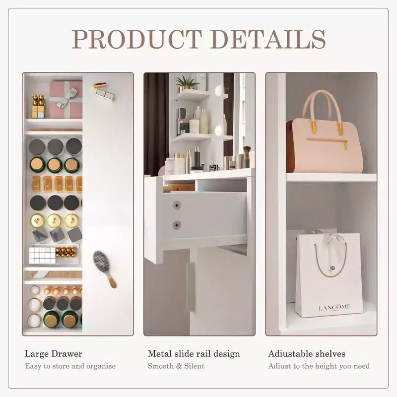 Coiffeuse minimaliste blanche Okak avec grand miroir et lumières LED, bureau de maquillage avec tiroirs et armoires, table de maquillage pour chambres à coucher