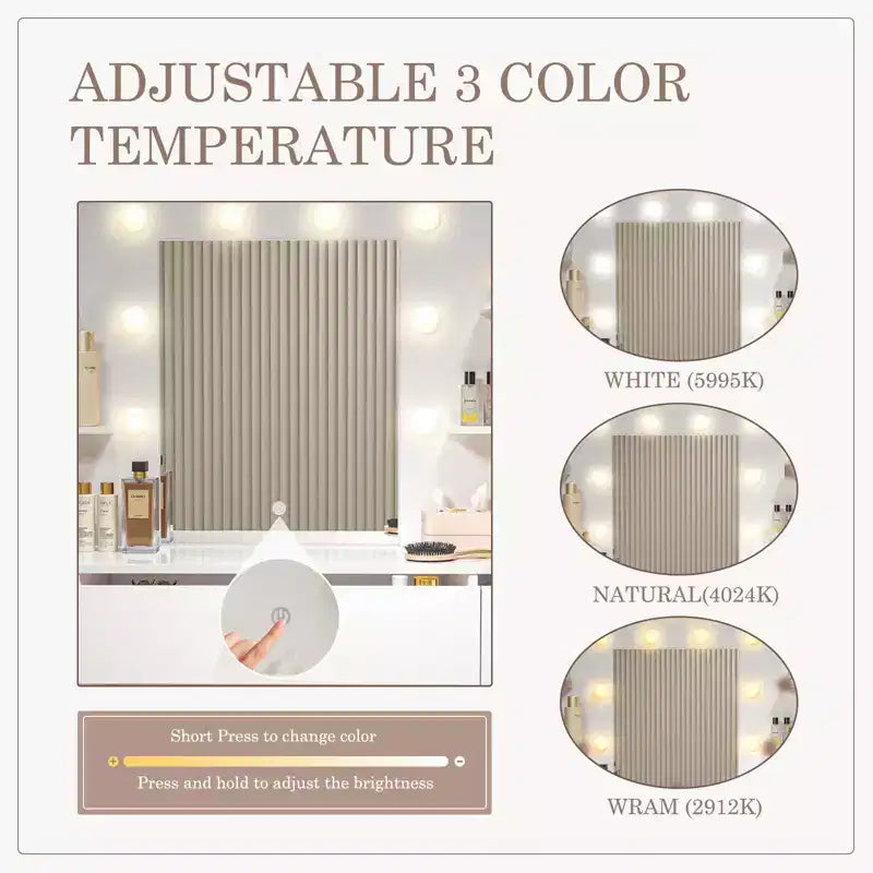 Coiffeuse minimaliste blanche Okak avec grand miroir et lumières LED, bureau de maquillage avec tiroirs et armoires, table de maquillage pour chambres à coucher