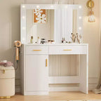 Coiffeuse minimaliste blanche Okak avec grand miroir et lumières LED, bureau de maquillage avec tiroirs et armoires, table de maquillage pour chambres à coucher
