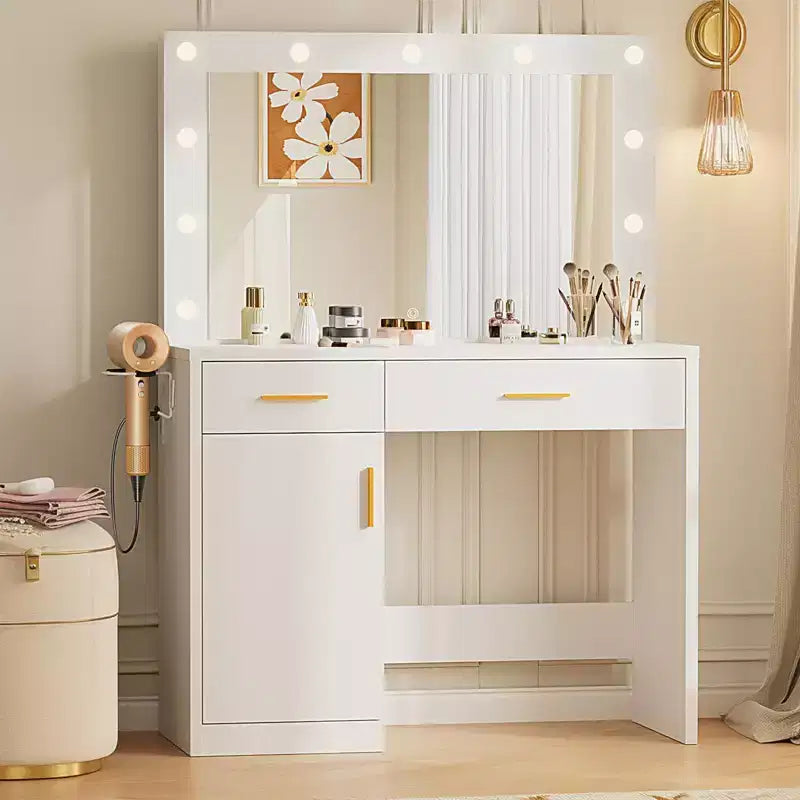 Coiffeuse minimaliste blanche Okak avec grand miroir et lumières LED, bureau de maquillage avec tiroirs et armoires, table de maquillage pour chambres à coucher