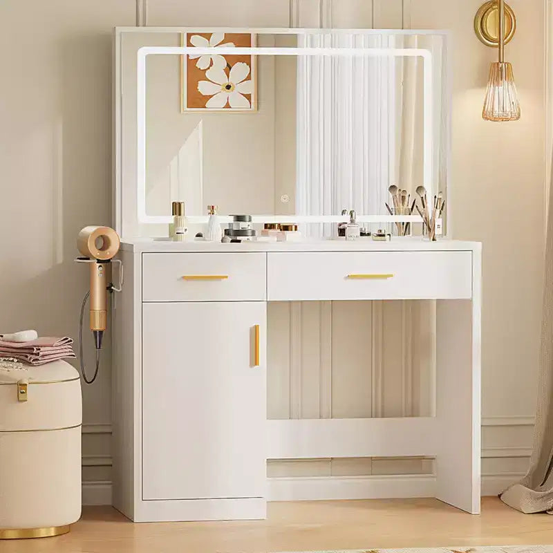Coiffeuse minimaliste blanche Okak avec grand miroir et lumières LED, bureau de maquillage avec tiroirs et armoires, table de maquillage pour chambres à coucher