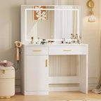 Coiffeuse minimaliste blanche Okak avec grand miroir et lumières LED, bureau de maquillage avec tiroirs et armoires, table de maquillage pour chambres à coucher