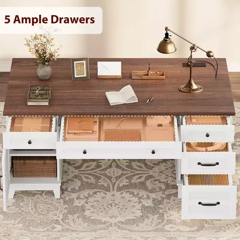 Bureau de direction avec tiroirs de classement, bureau de télétravail style ferme avec station de recharge, bureau d'ordinateur en bois de 152 cm avec armoire de rangement pour le travail et les études