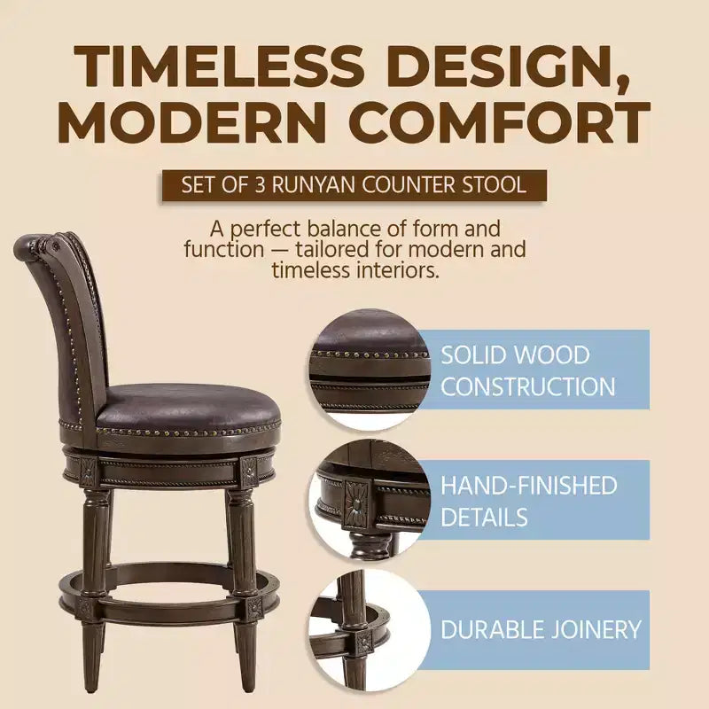 ROME + OAK Runyan Counter Stool, Dark Walnut, Vintage Brown Vegan Leather, Set of 3
