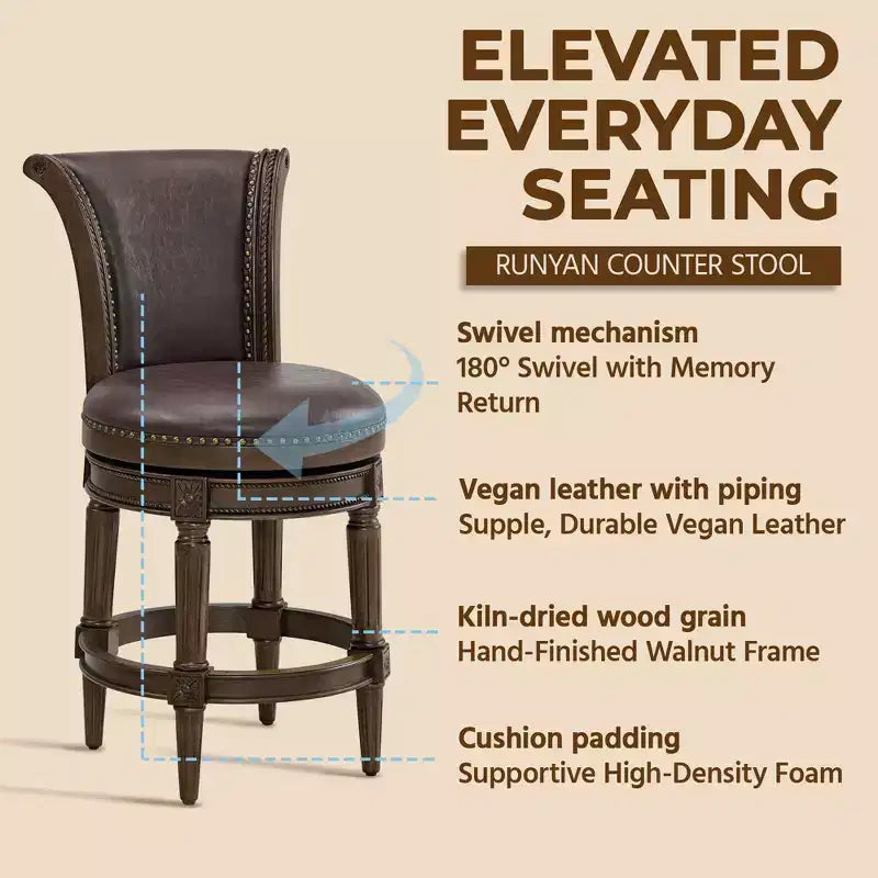 ROME + OAK Runyan Counter Stool, Dark Walnut, Vintage Brown Vegan Leather, Set of 3