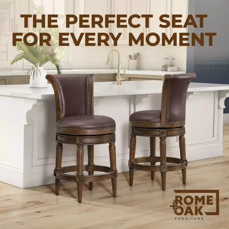 ROME + OAK Runyan Counter Stool, Dark Walnut, Vintage Brown Vegan Leather, Set of 3