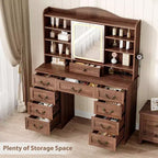 Coiffeuse de maquillage 47" avec miroir et lumières, grande table de maquillage avec 10 tiroirs et 8 rangements ouverts et tabouret, ensemble de coiffeuse pour chambre à coucher