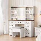 Coiffeuse de maquillage 47" avec miroir et lumières, grande table de maquillage avec 10 tiroirs et 8 rangements ouverts et tabouret, ensemble de coiffeuse pour chambre à coucher