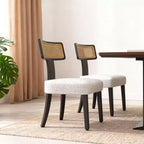 Homy Casa Lot de 2 chaises de salle à manger rembourrées avec dossier en rotin et cadre en bois noir, tissu beige