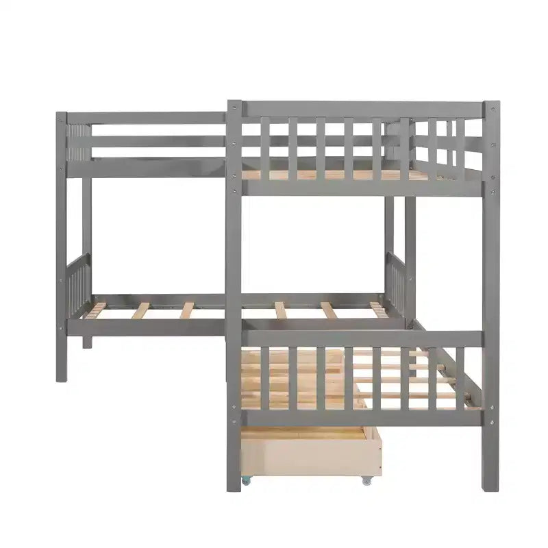 Lit superposé en L avec lit gigogne pour 4 enfants, cadre de lit superposé en bois avec tiroirs