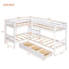 Lit superposé en L avec lit gigogne pour 4 enfants, cadre de lit superposé en bois avec tiroirs