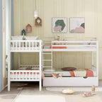 Lit superposé en L avec lit gigogne pour 4 enfants, cadre de lit superposé en bois avec tiroirs