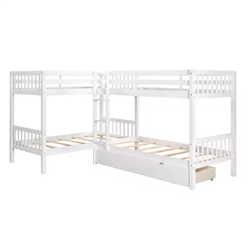 Lit superposé en L avec lit gigogne pour 4 enfants, cadre de lit superposé en bois avec tiroirs