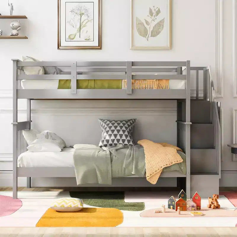 Lit superposé enfant à double escalier avec rangement et garde-corps pour chambre à coucher ou dortoir