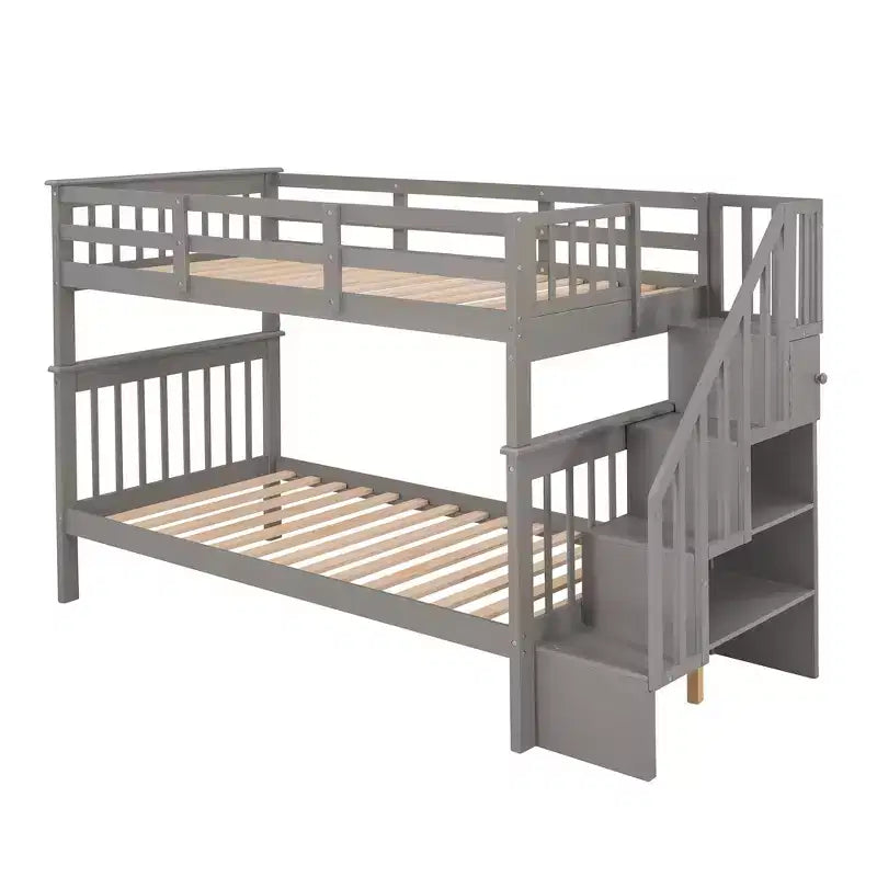 Lit superposé enfant à double escalier avec rangement et garde-corps pour chambre à coucher ou dortoir