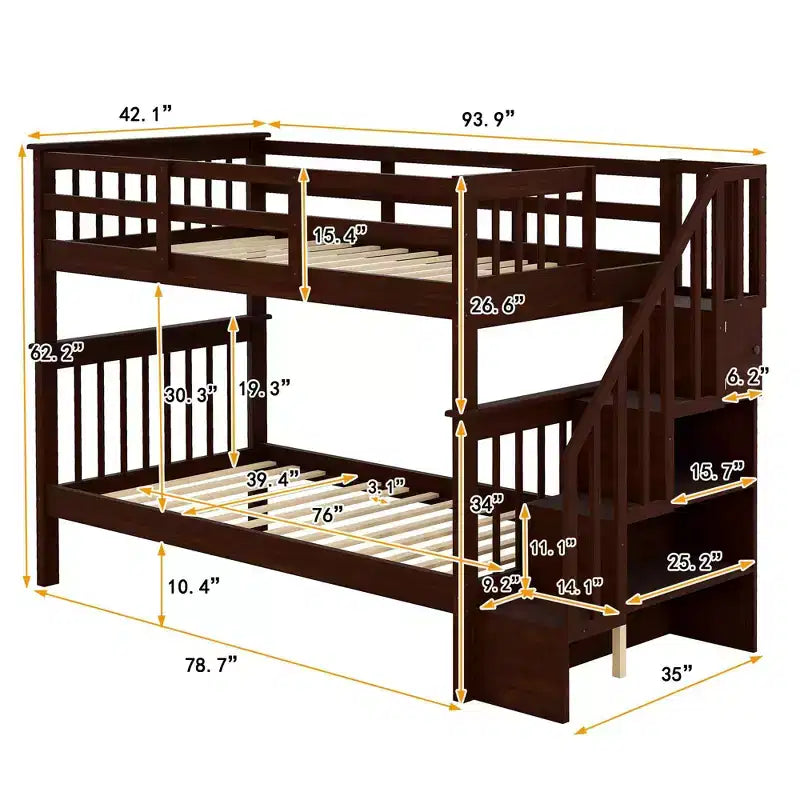 Lit superposé enfant à double escalier avec rangement et garde-corps pour chambre à coucher ou dortoir