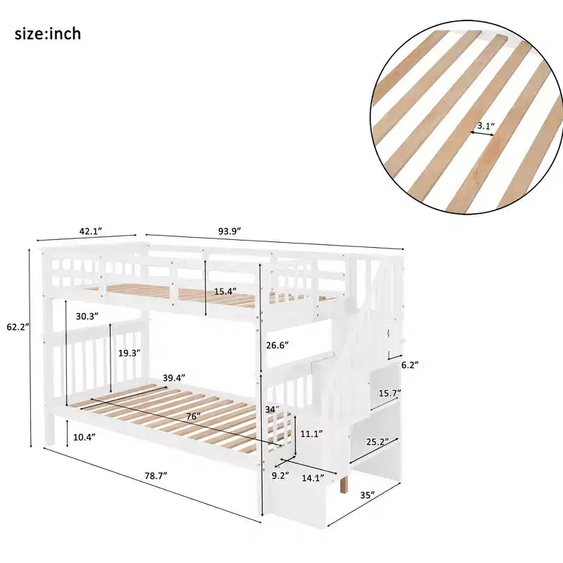 Lit superposé enfant à double escalier avec rangement et garde-corps pour chambre à coucher ou dortoir