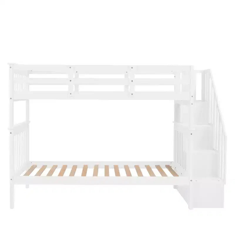 Lit superposé enfant à double escalier avec rangement et garde-corps pour chambre à coucher ou dortoir