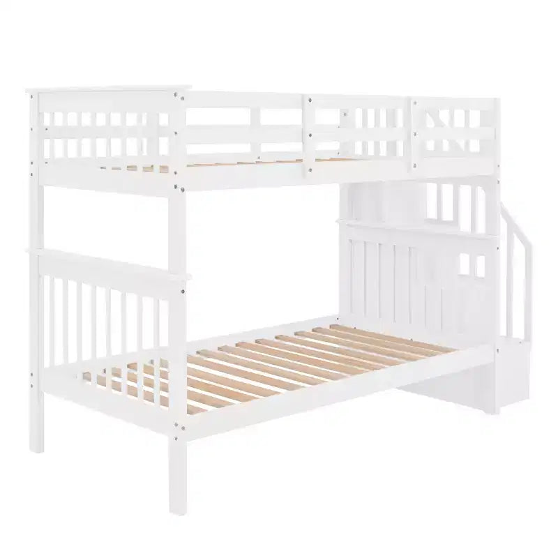 Lit superposé enfant à double escalier avec rangement et garde-corps pour chambre à coucher ou dortoir