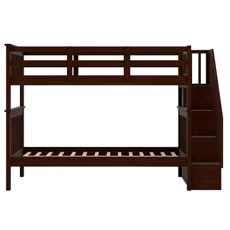 Lit superposé enfant à double escalier avec rangement et garde-corps pour chambre à coucher ou dortoir