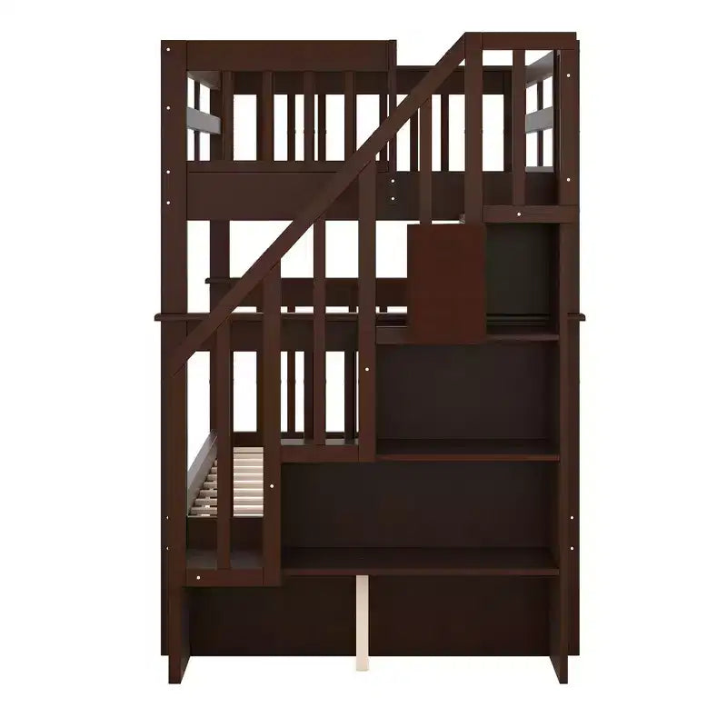 Lit superposé enfant à double escalier avec rangement et garde-corps pour chambre à coucher ou dortoir