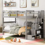 Lit superposé enfant à double escalier avec rangement et garde-corps pour chambre à coucher ou dortoir