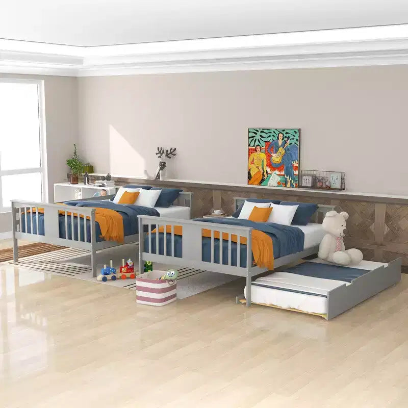 Lit superposé double sur double avec lit gigogne simple, Cadre de lit superposé en bois double pour enfants, adolescents et adultes, convertible en 2 lits