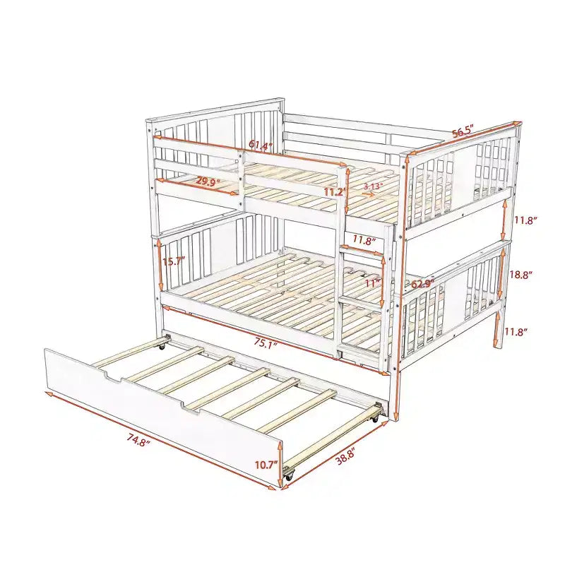 Lit superposé double sur double avec lit gigogne simple, Cadre de lit superposé en bois double pour enfants, adolescents et adultes, convertible en 2 lits