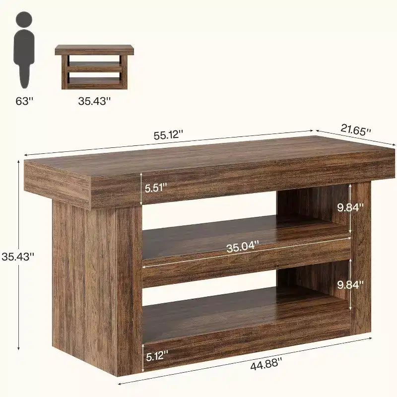 Lantine 55 - Îlot de cuisine, table d'îlot fixe à 3 niveaux avec grand plan de travail, meuble de rangement en bois pour bar à café et salle à manger