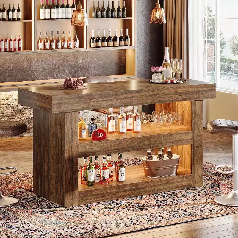 Lantine 55 - Îlot de cuisine, table d'îlot fixe à 3 niveaux avec grand plan de travail, meuble de rangement en bois pour bar à café et salle à manger