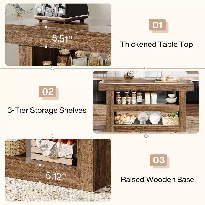 Lantine 55 - Îlot de cuisine, table d'îlot fixe à 3 niveaux avec grand plan de travail, meuble de rangement en bois pour bar à café et salle à manger