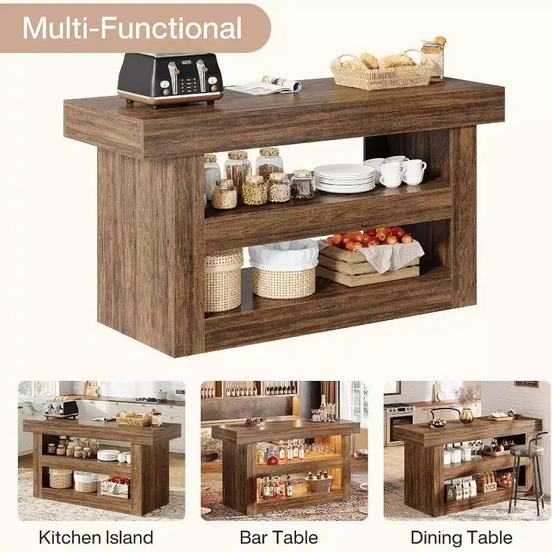 Lantine 55 - Îlot de cuisine, table d'îlot fixe à 3 niveaux avec grand plan de travail, meuble de rangement en bois pour bar à café et salle à manger