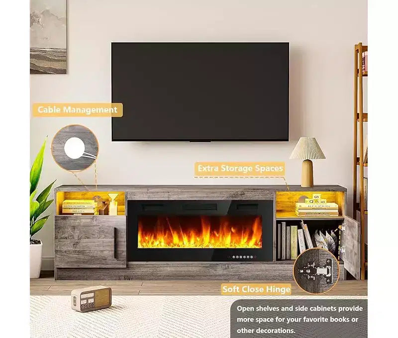 Meuble TV CuisinSmart avec éclairage LED (jusqu'à 75 pouces), Console TV multimédia moderne en bois de 70 pouces avec meuble de rangement pour salon (cheminée non incluse)