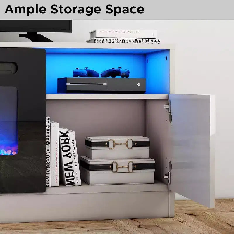 Meuble TV CuisinSmart avec éclairage LED (jusqu'à 75 pouces), Console TV multimédia moderne en bois de 70 pouces avec meuble de rangement pour salon (cheminée non incluse)