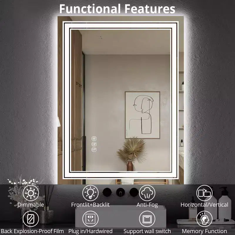 Miroir de salle de bain, miroir de courtoisie anti-buée avec lumières à intensité variable
