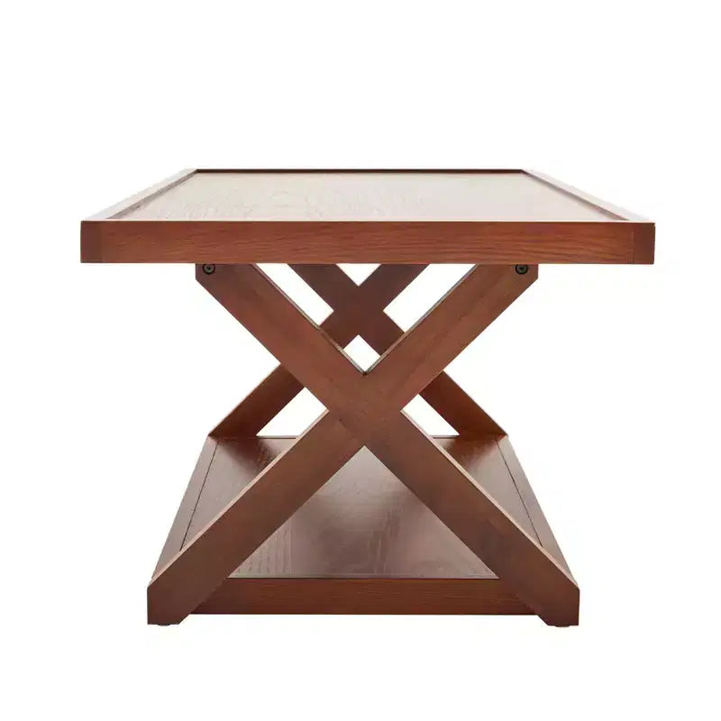 Table basse Bekrvio 40 en chêne massif, table centrale rectangulaire de style ferme moderne à 2 niveaux avec étagère de rangement et pieds en X, finition noyer