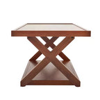 Table basse Bekrvio 40 en chêne massif, table centrale rectangulaire de style ferme moderne à 2 niveaux avec étagère de rangement et pieds en X, finition noyer